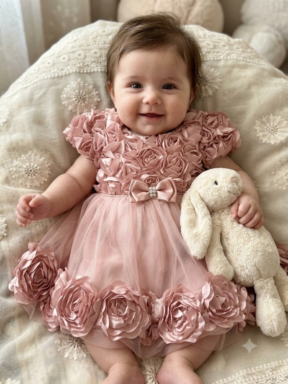 Nannette Pink Rosette Tulle Baby Dress with Bow